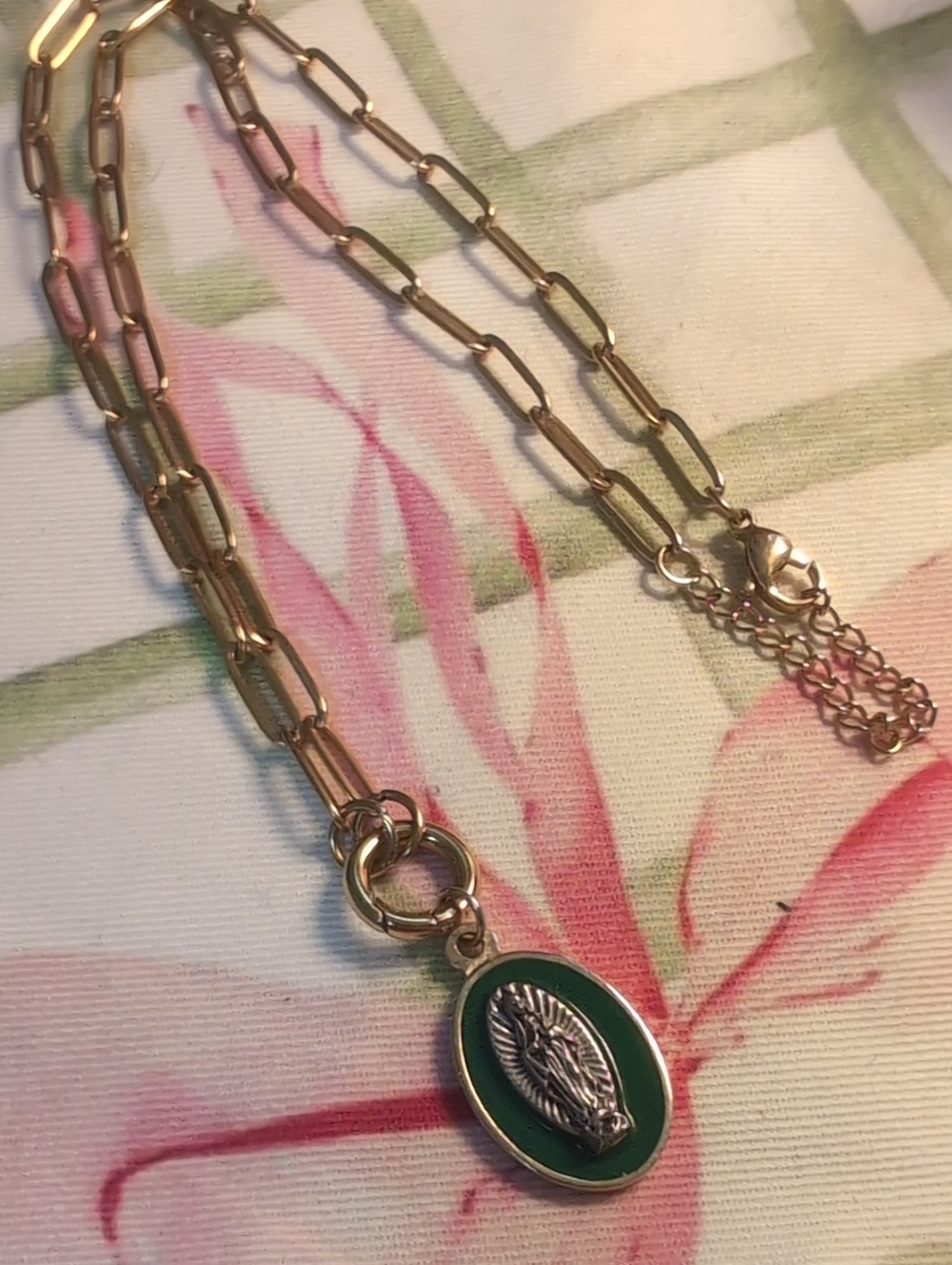 Gold Tone Italian Miraculous Medal Green Enamel Paperclip Chain Necklace
